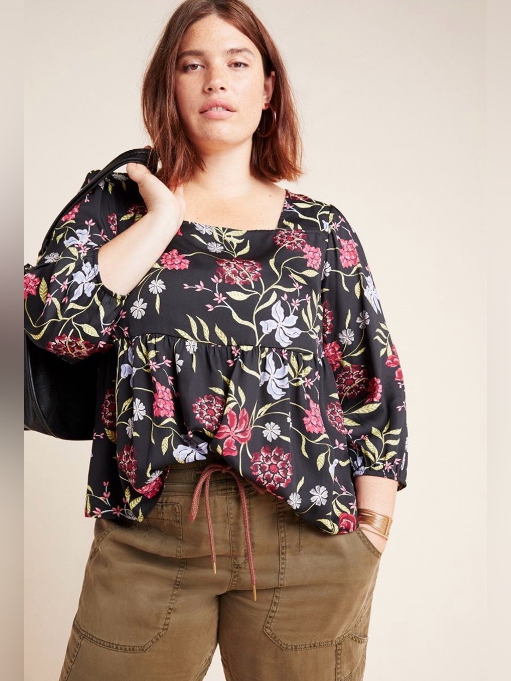Anthropologie DOLAN Left Coast Cherie Black Multi Floral Babydoll Top Medium